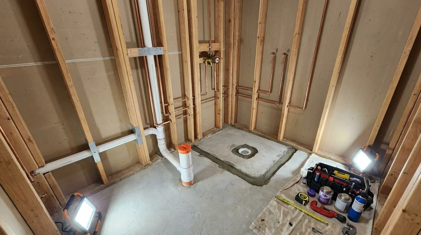 Bathroom rough-in plumbing during remodel by Johns Plumbing LLC in Lorena