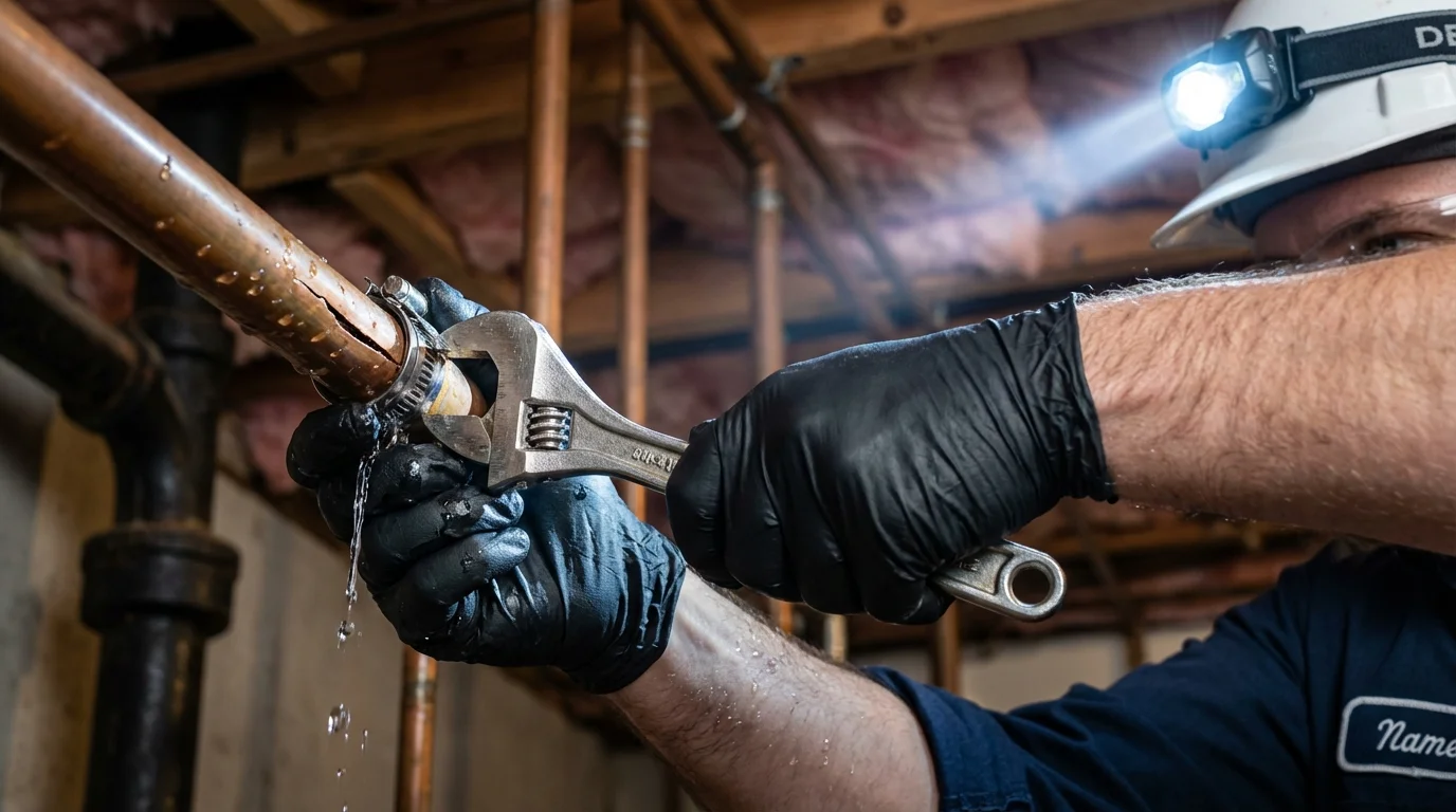 Emergency pipe clamp repair being performed by a Johns Plumbing LLC plumber in Lorena
