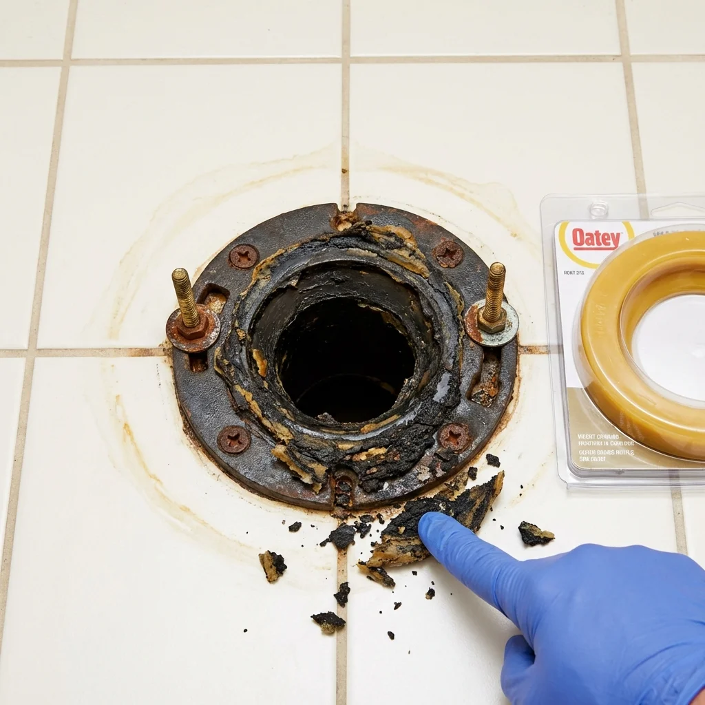 Failed wax ring showing water seepage at the base of a toilet in a Lorena, TX home